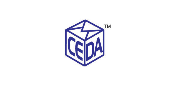 一個立體的正方形盒子側(cè)面寫著字母CEDA等名稱的標(biāo)志創(chuàng)意設(shè)計